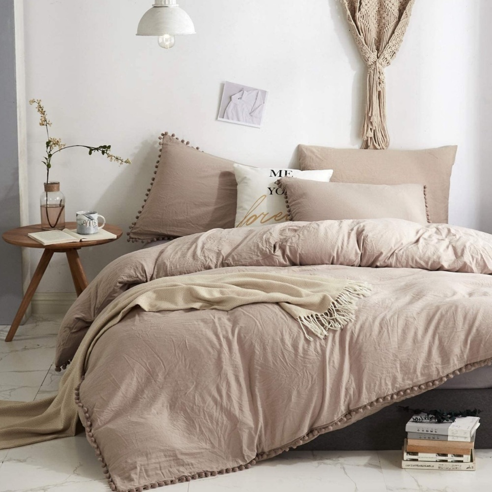 New Khaki color KING SIZE Pom Pom Fringe Duvet Cover Set